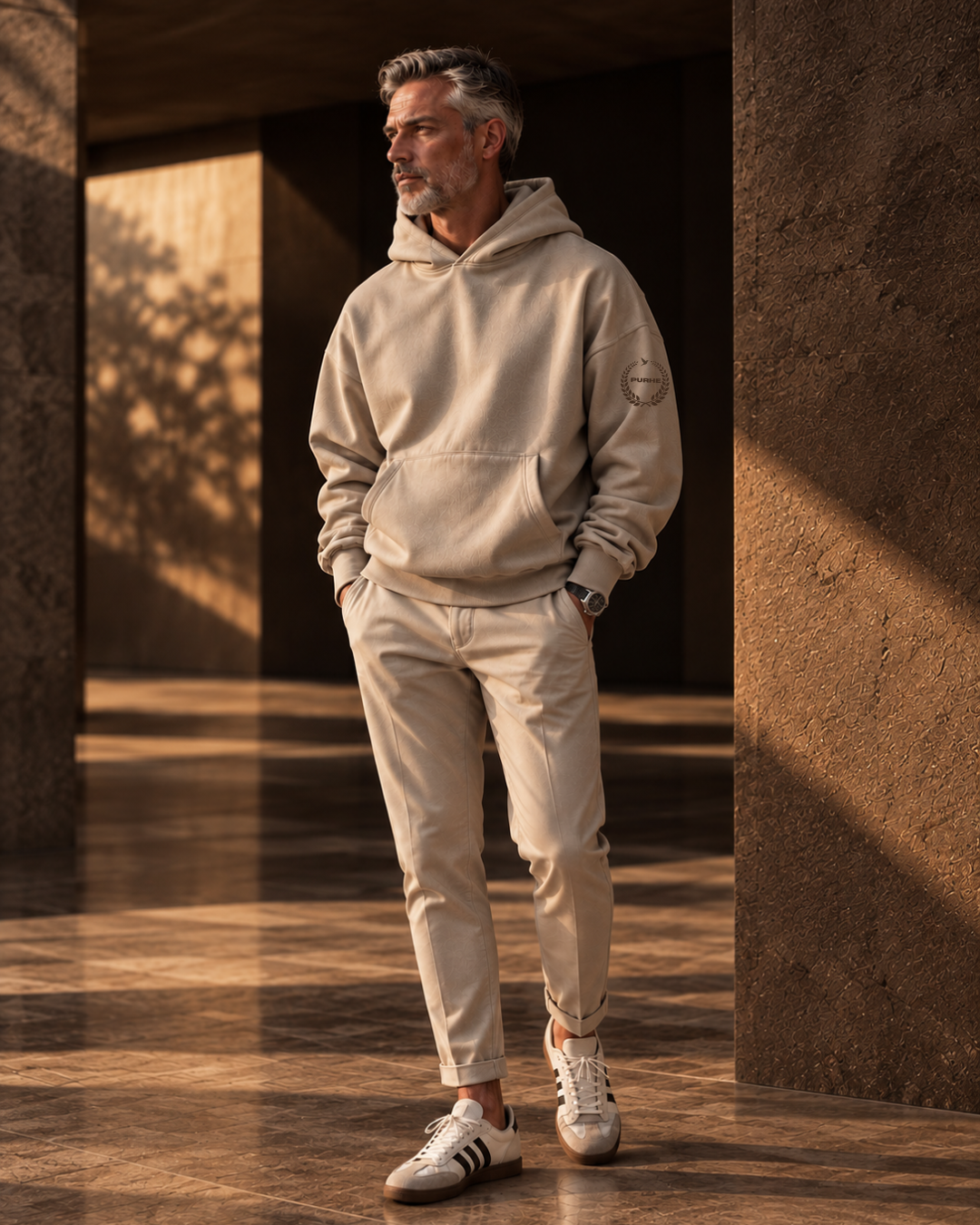 PURHE Premium Heavy Boxy Oversized Hoodie - Smoky Taupe -Arm crest