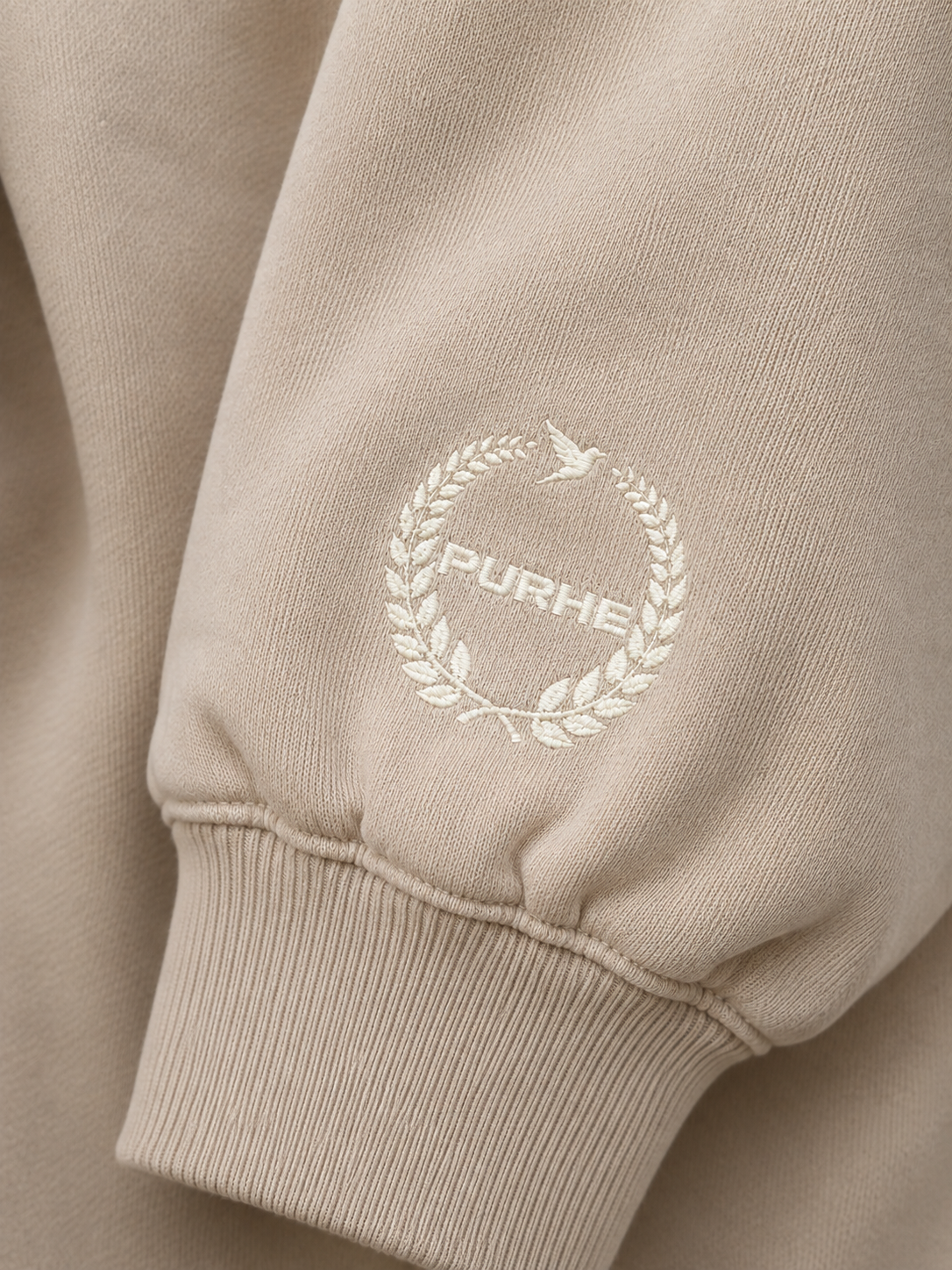 PURHE Premium Heavy Boxy Oversized Hoodie - Smoky Taupe -Ivory Cuff Crest  and Neck One of One