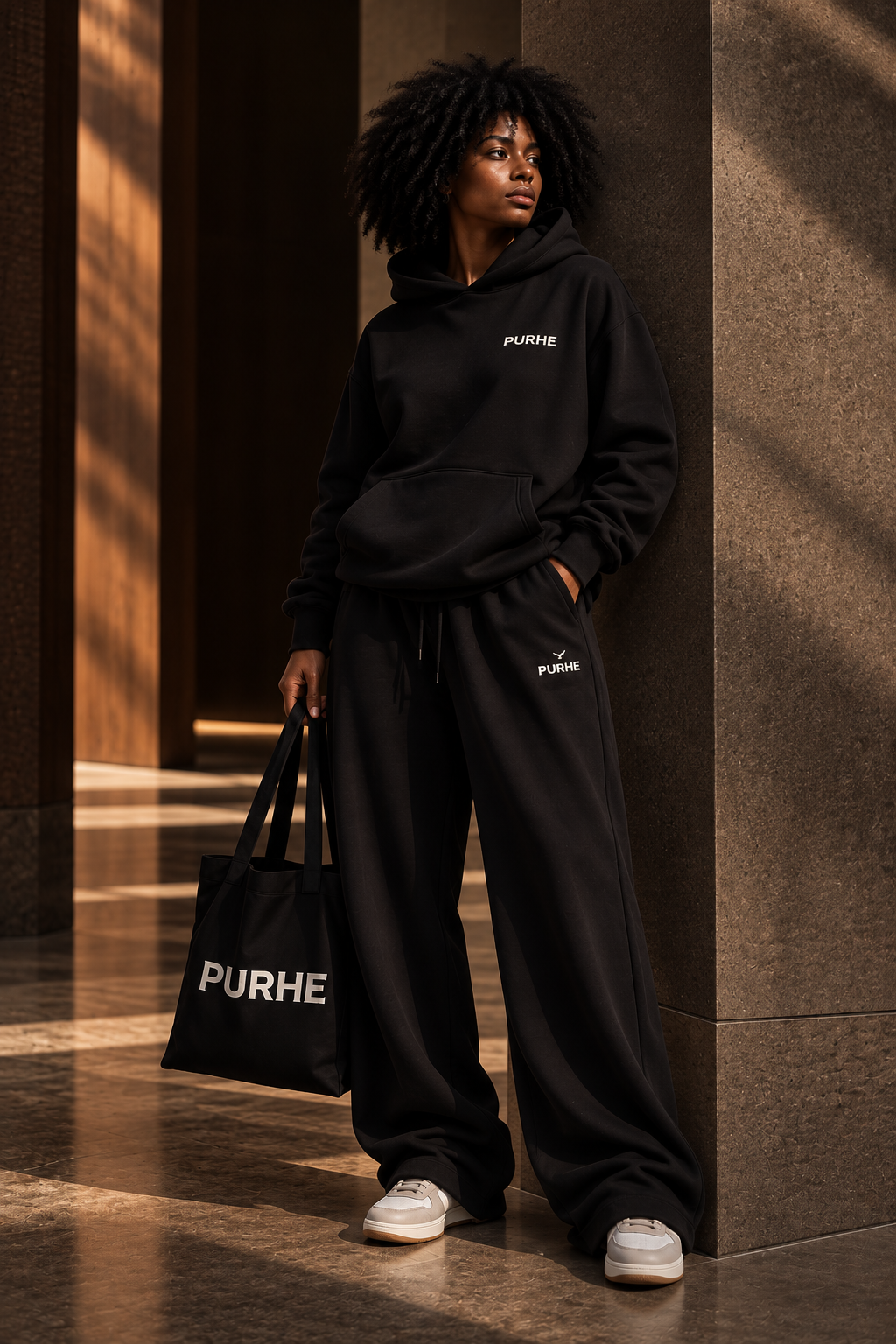 PURHE Premium Black Heavy Boxy Hoodie — (off white Chest logo)