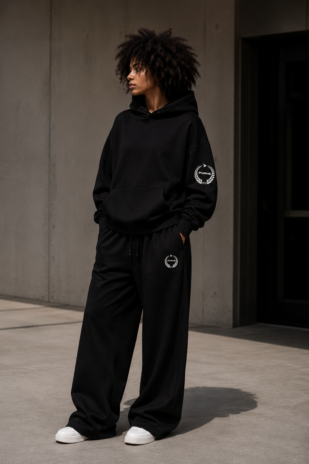 PURHE Premium Heavy Boxy Hoodie — Ivory Crest Arm logo. -