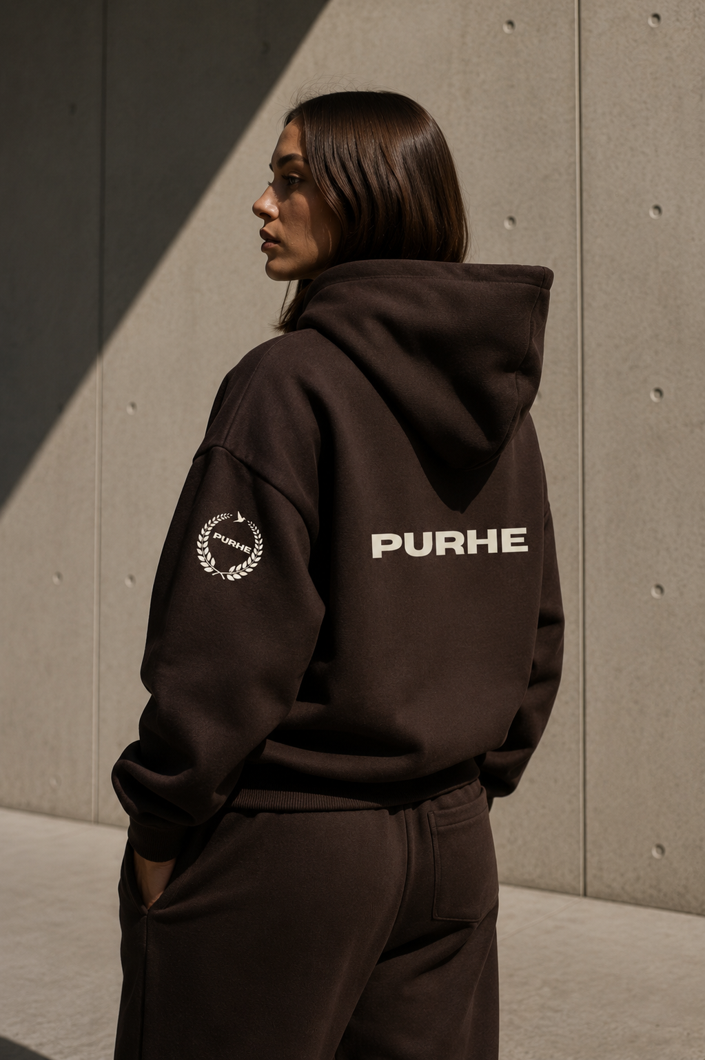 PURHE Premium Heavy Boxy Hoodie — Mocha Brown - Ivory logo - Back print