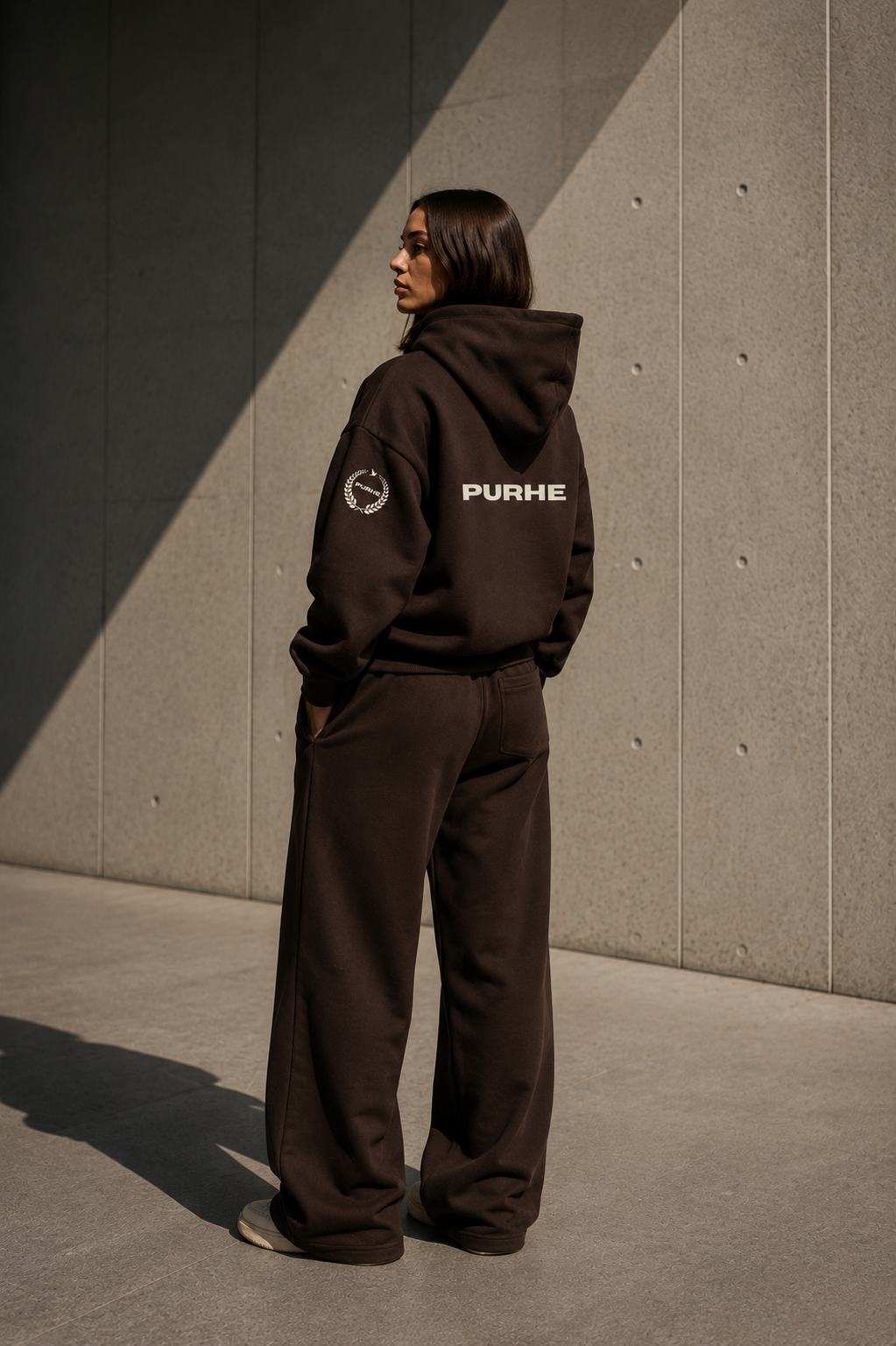 PURHE Premium Heavy Boxy Hoodie — Mocha Brown - Ivory logo - Back print