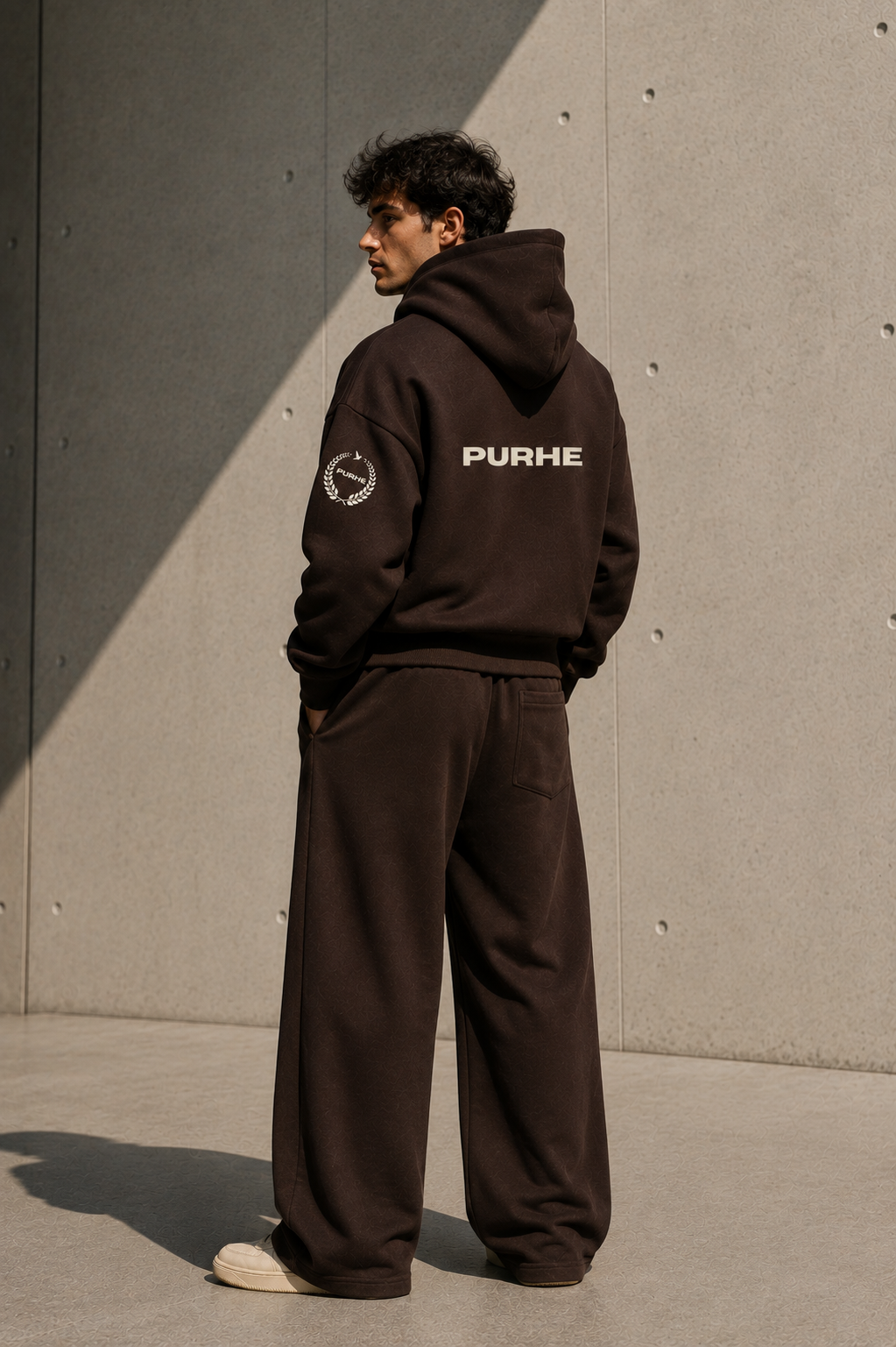 PURHE Premium Heavy Boxy Hoodie — Mocha Brown - Ivory logo - Back print