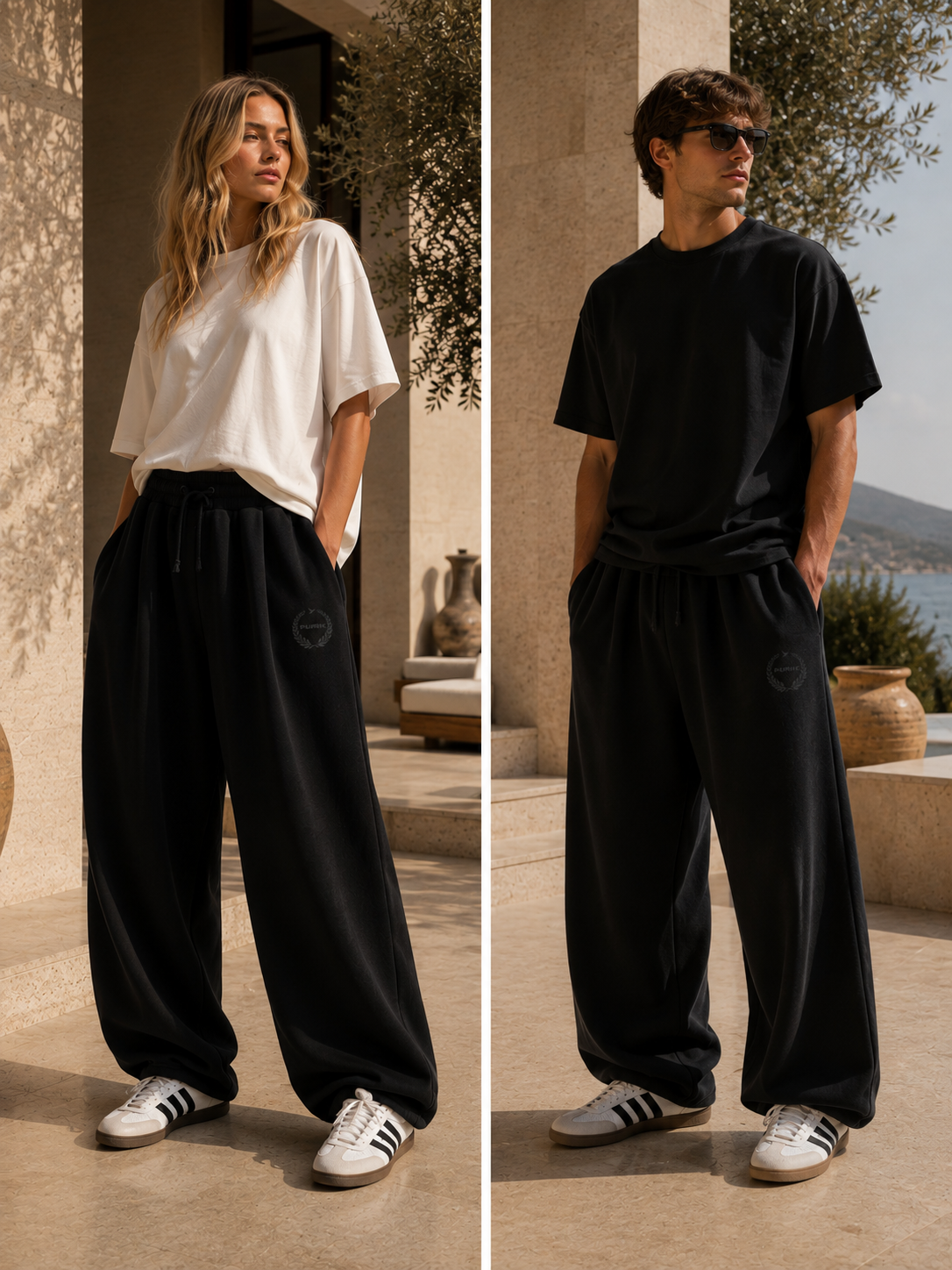 Purhe Black  Luxury Oversized Tracksuit Bottoms - Crest logo