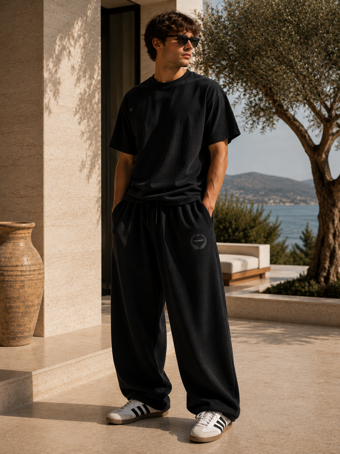 Purhe Black  Luxury Oversized Tracksuit Bottoms - Crest logo