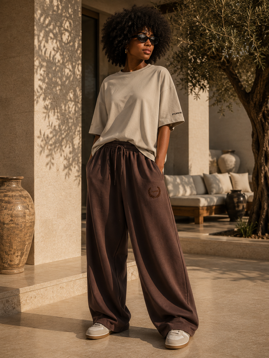 Purhe Mocha Brown Luxury Oversized Tracksuit Bottoms
