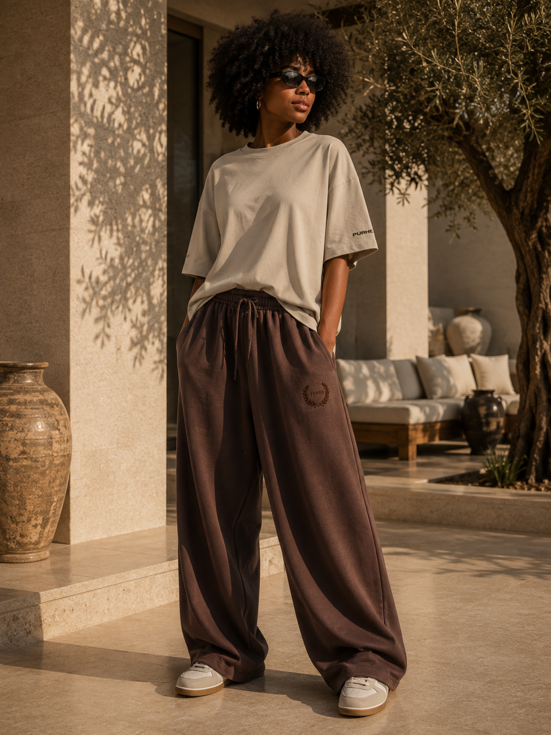 Purhe Mocha Brown Luxury Oversized Tracksuit Bottoms