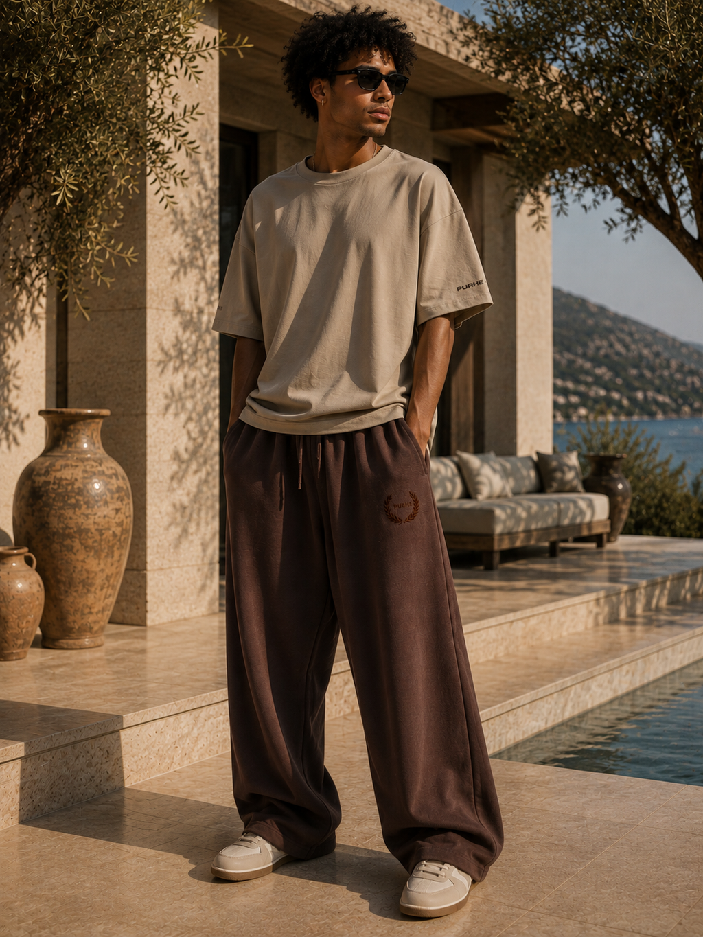 Purhe Mocha Brown Luxury Oversized Tracksuit Bottoms