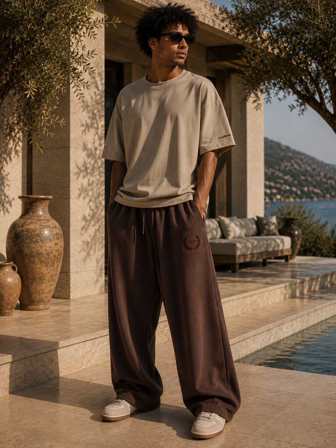 Purhe Mocha Brown Luxury Oversized Tracksuit Bottoms