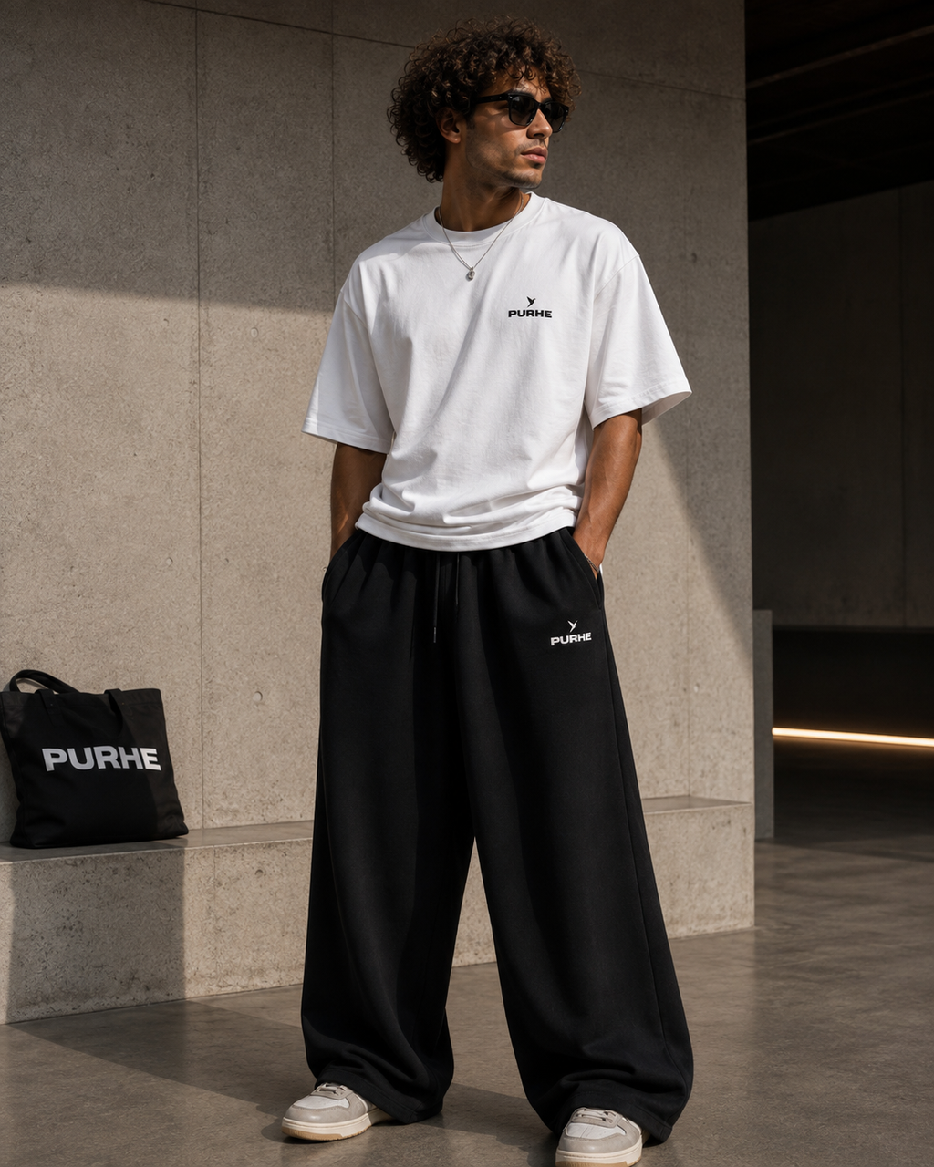 Purhe Black  Luxury Oversized Tracksuit Bottoms - (off white logo)