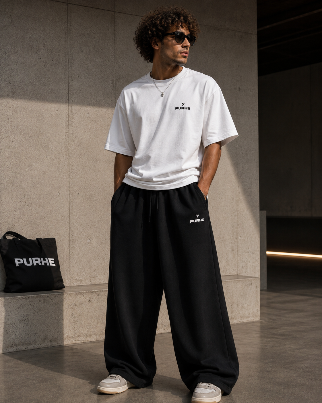 Purhe Black  Luxury Oversized Tracksuit Bottoms - (off white logo)