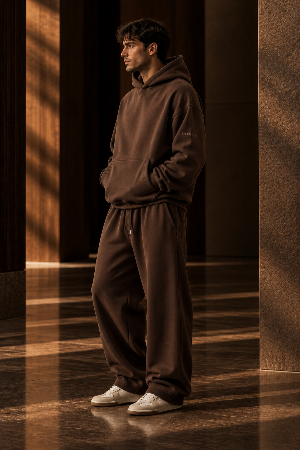 PURHE Premium Heavy Boxy Hoodie — Mocha Brown Small arm and neck logo