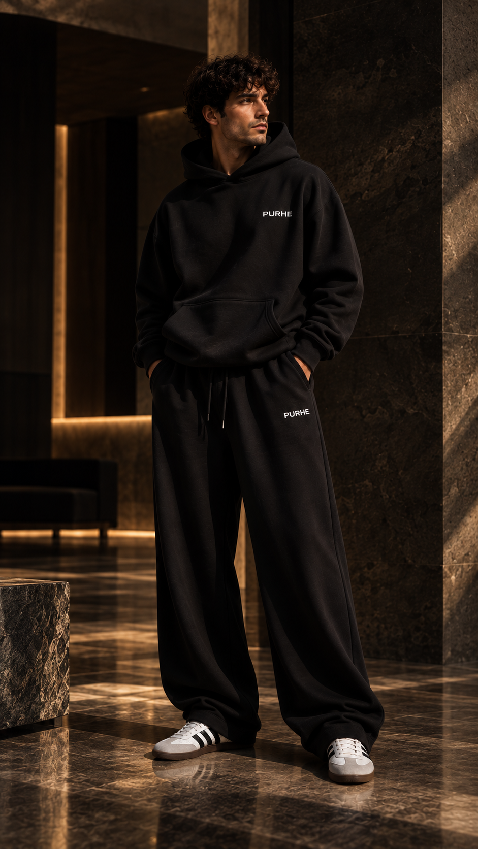 PURHE Premium Black Heavy Boxy Hoodie — (off white Chest logo)