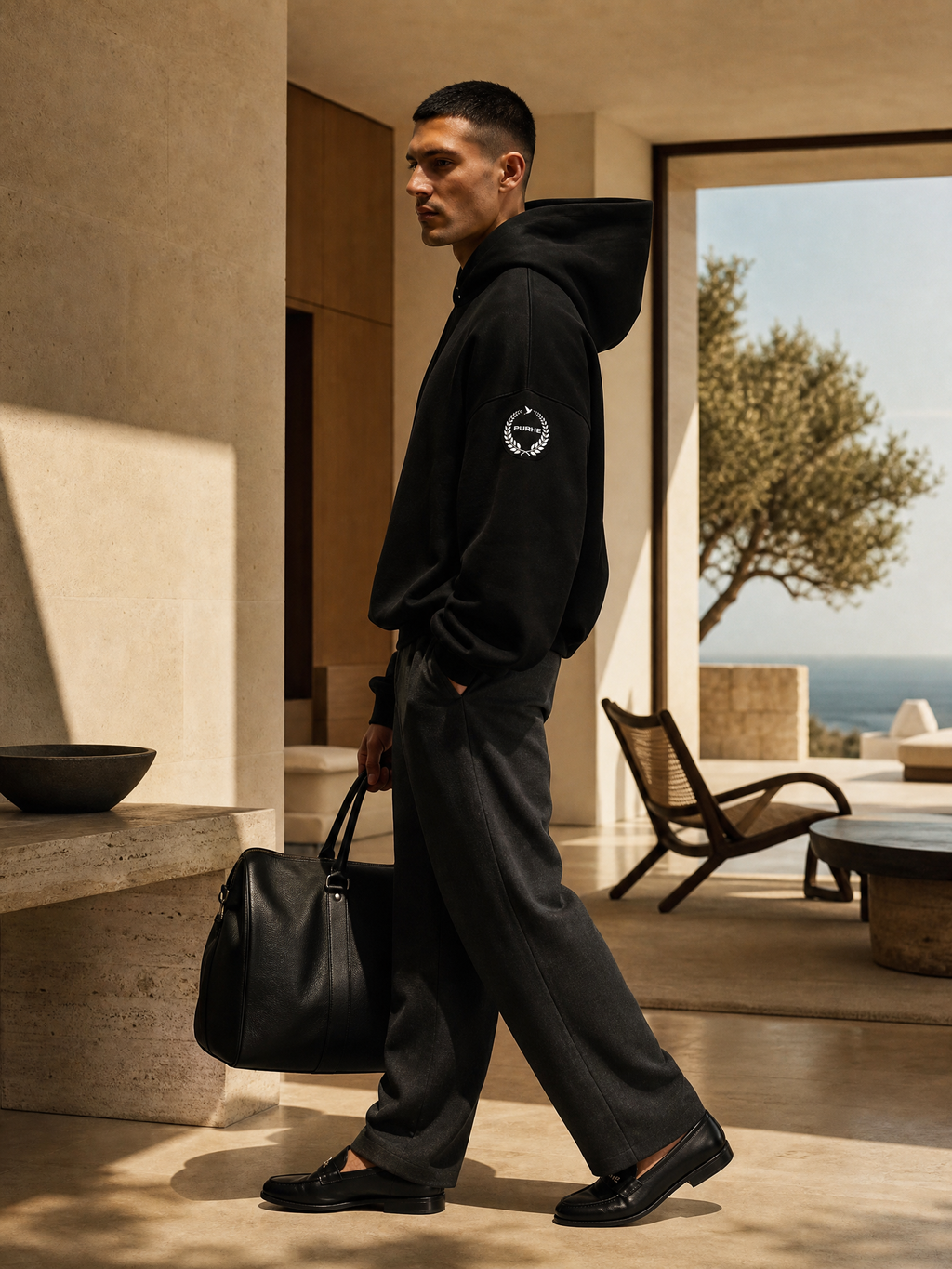 PURHE Premium Heavy Boxy Hoodie — Ivory Crest Arm logo. -