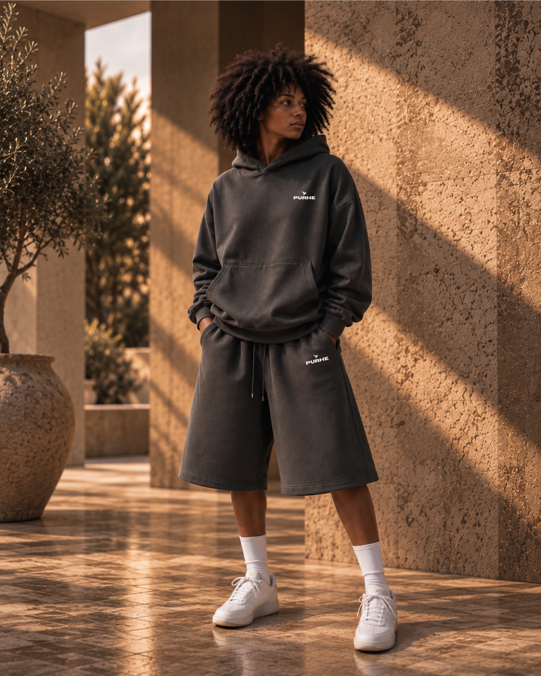 Purhe Athletic Cropped Luxury Hoodie. - Volcanic Ash